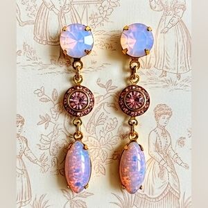 Swarovski Pink Opal, Flower & Pink Fire Opal in Drop Dangle Yellow Gold Earrings